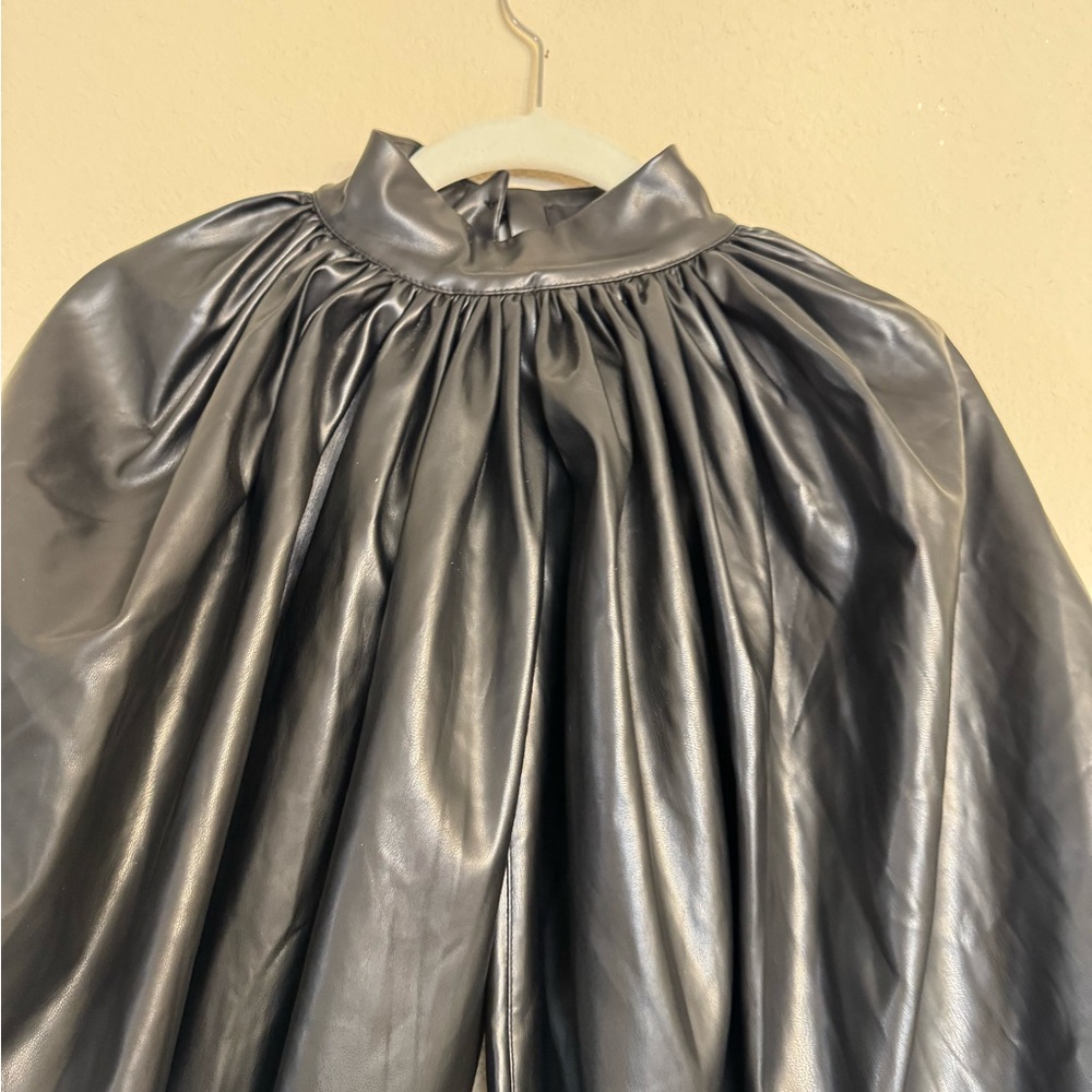 AKIRA Masterpiece Black Faux Leather Puff Sleeve Top Size L/XL Unique Artsy - Picture 3 of 16
